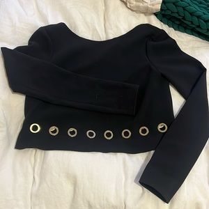 Rachel Zoe low-back cropped long sleeved top gold rings rivets